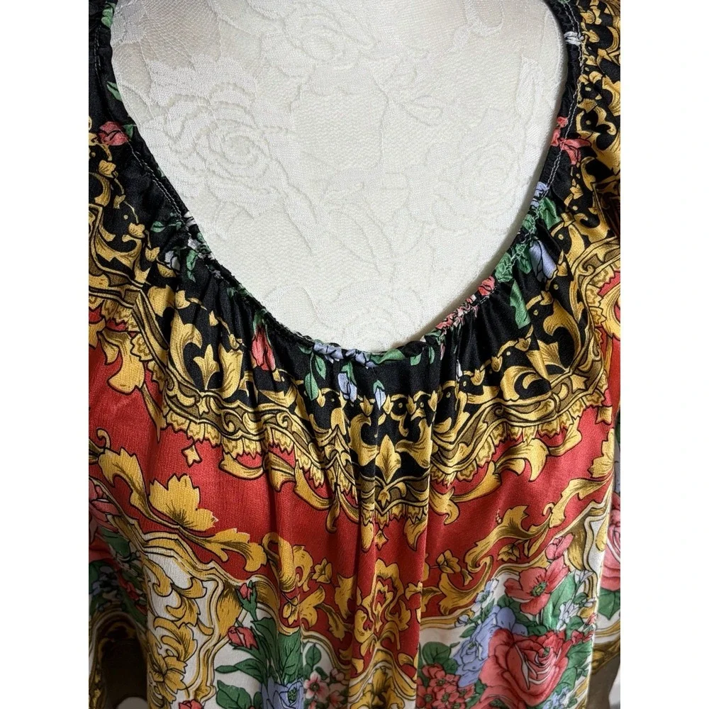 Handmade Poncho Cape~OS~Made from a Vintage Silk Scarf Floral Scroll Boho Resort